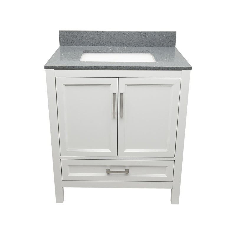 Haleyann 31'' Single Bathroom Vanity with Engineered Quartz Top, Galaxy Gray, White