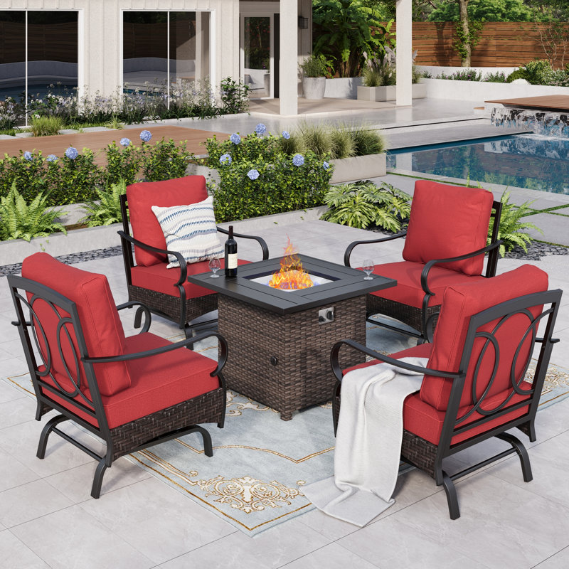 4-Person Rocking Sofa Chairs Seating Group with Fire Pit Table, Red