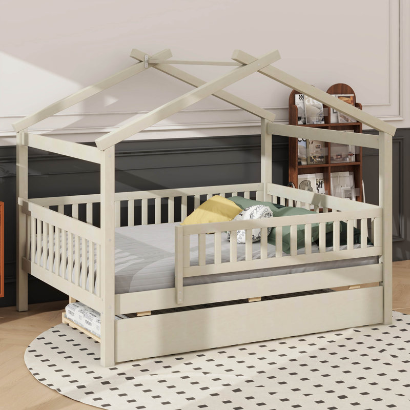 Lit double spacieux en bois avec lit gigogne intégré, Natural
