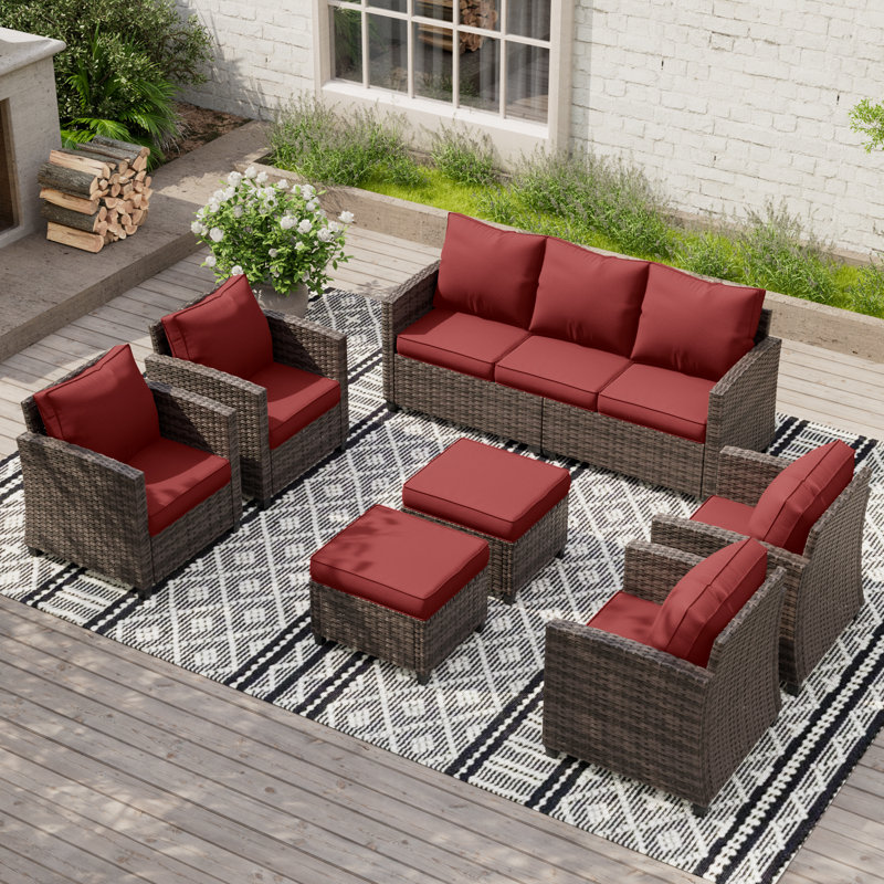 Samya 7/9 - Person Outdoor Conversation Sets With Rocking Chairs&Ottoman, Brown Frame/Red Cushion