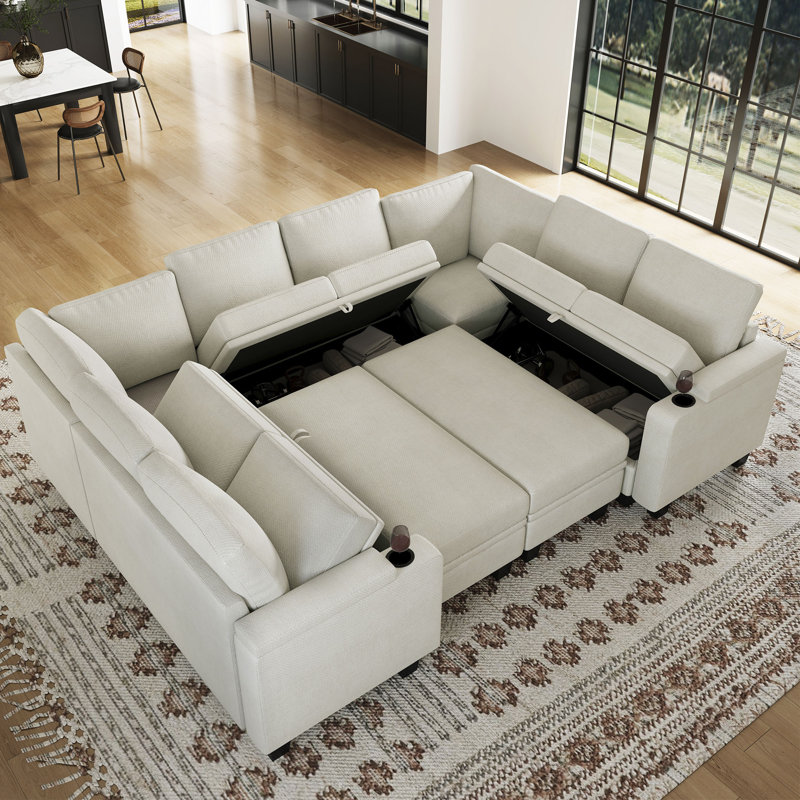 Canapé-lit modulaire en chenille avec rangement Anjanette, Chenille beige