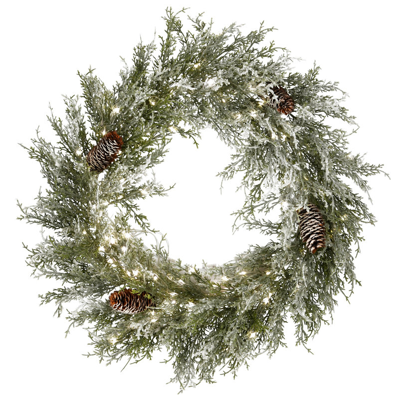 Couronne de Noël enneigée 24 po avec pommes de pin pré-éclairées The Holiday Aisle®