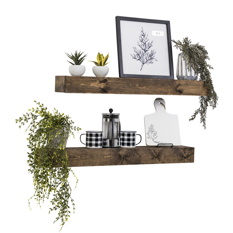 2 Piece Pine Floating Shelf, Dark Brown, 3.75" H x 36" W x 6" D