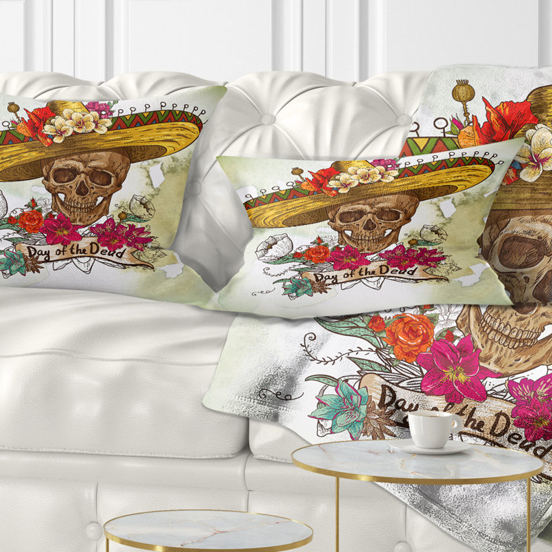 Crâne de Sombrero avec fleurs - coussin décoratif imprimé floral, Rectangulaire, 12 po x 20 po