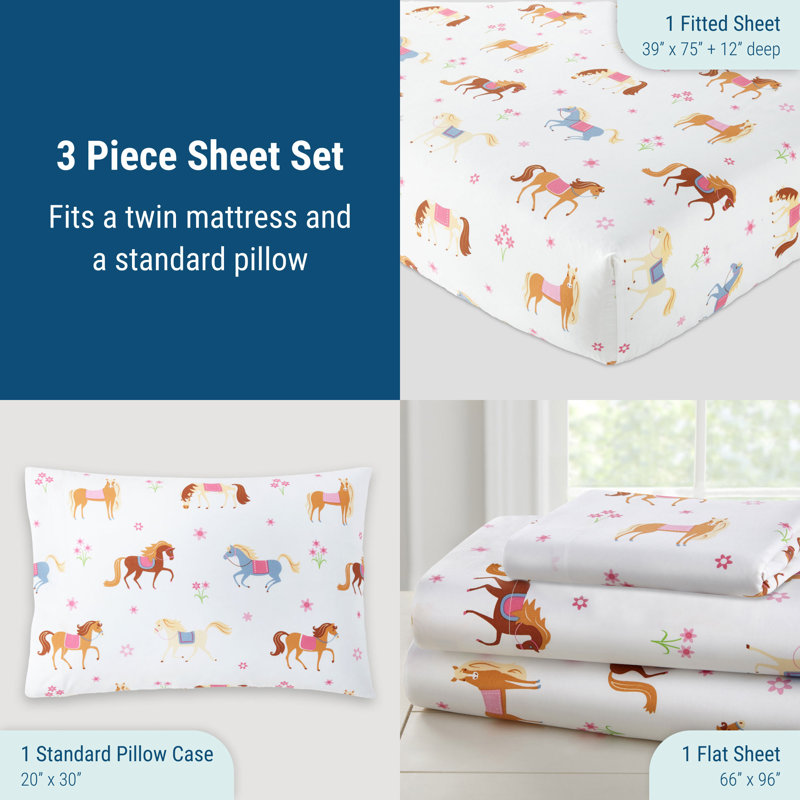 Wildkin 100% Cotton Twin Sheet Set – Soft & Cozy Bed Sheets - Horses, Twin Sheet Set + Fitted Sheet + 1 Pillowcase