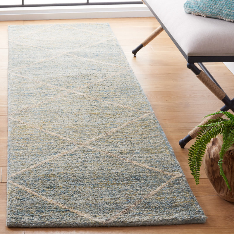 Tapis bleu clair en laine touffeté à la main Moniz, Tapis de couloir 2 pi 3 po x 8 pi