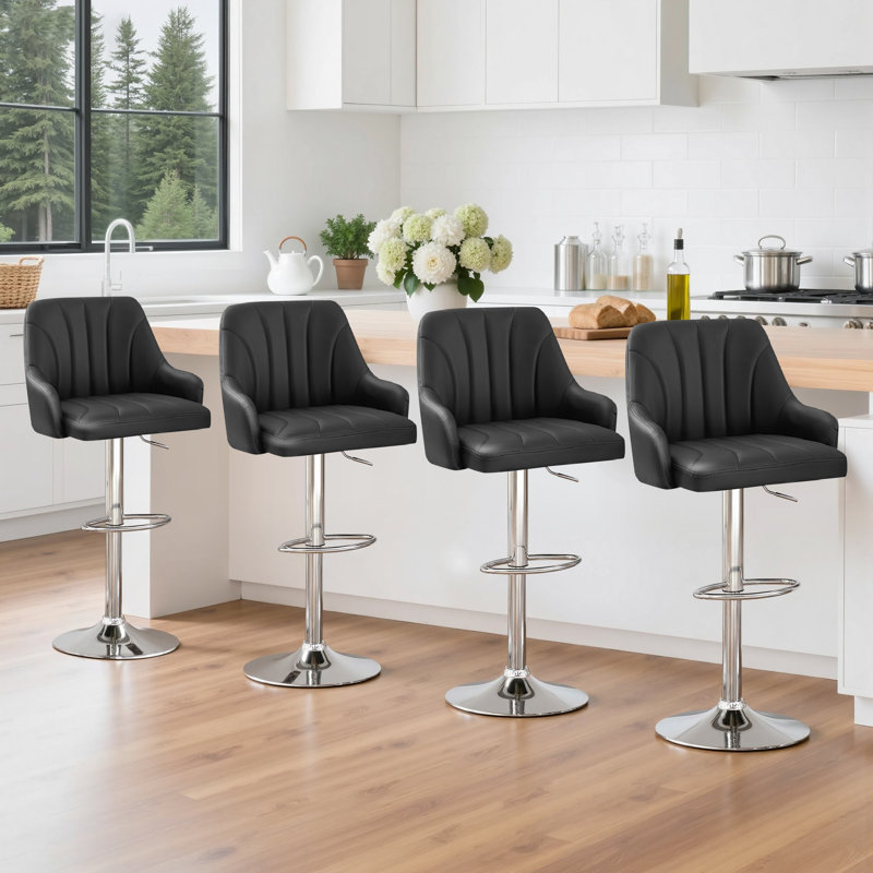 Set of 4 Bar Stools Adjustable Swivel Faux Leather Bar Chairs, Upholstered Counter Height with High Backrest Stool for Kitchen Island, Black