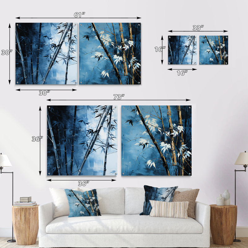 Serenity in Blue Bamboo Forest - Ensemble de 2 verres muraux en acrylique, H 16 po x l 33 po
