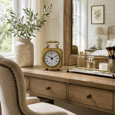 Roman Numeral Metal Mechanical Tabletop Clock in Gold