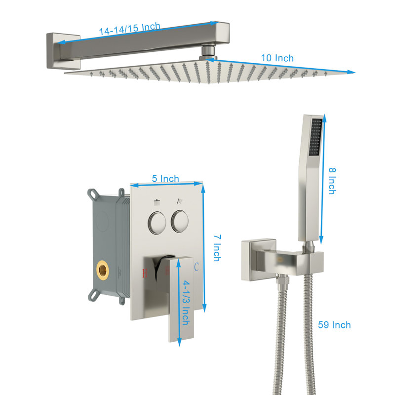 10 Inch Square Shower With Dual Head - Brushed Nickel, Valve, Rainfall & Handheld Spray Wall Mounted System Square, -Balanced