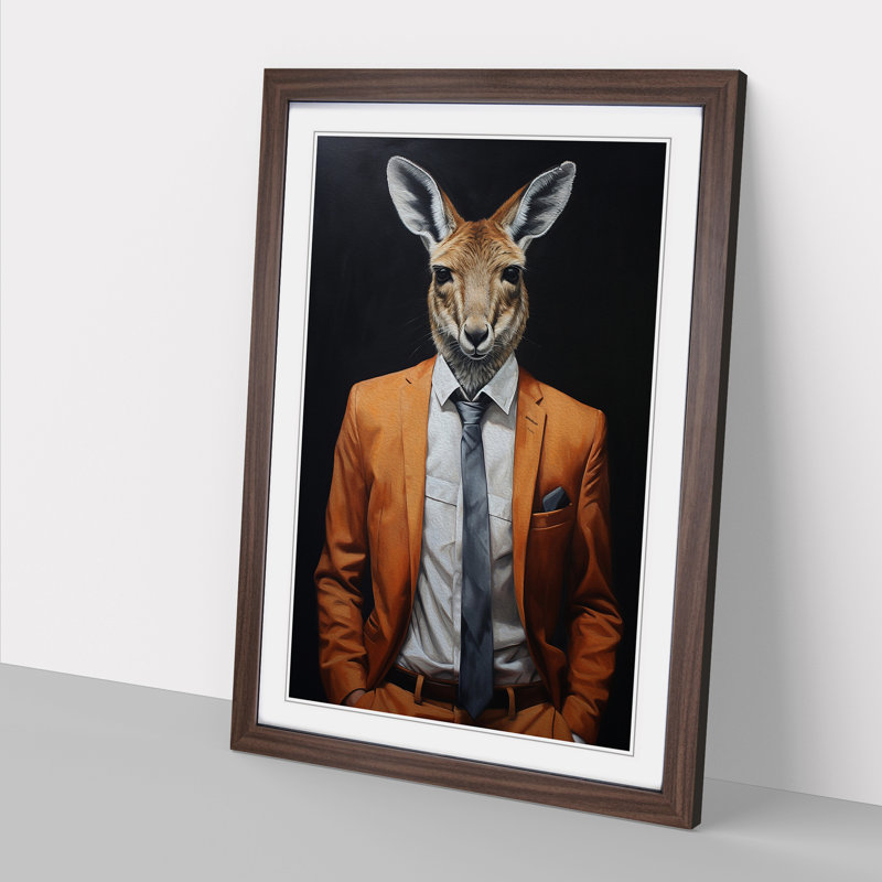 Kangaroo In A Suit Painting No.2 - Single Picture Frame Print on Wood, Walnut Framed, 64cm H x 46cm W x 2cm D