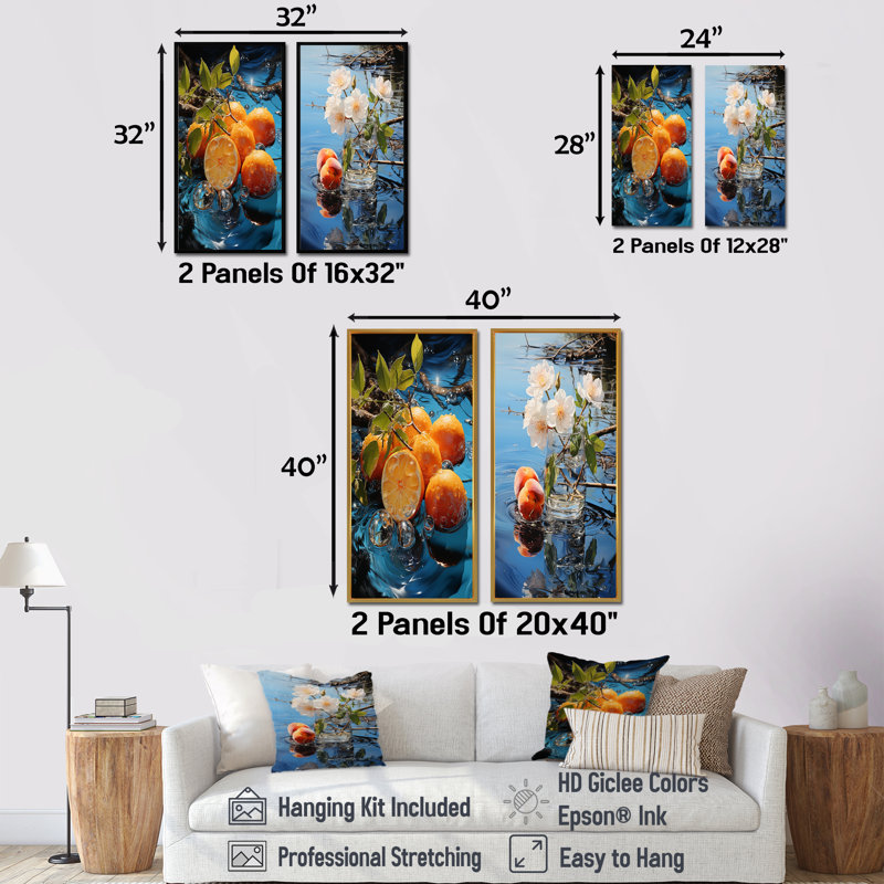 «Orange Fruit Still Life Vase», ensemble de 2 reproductions d'art sur toile, H 32 po x l 33 po, Encadrement doré