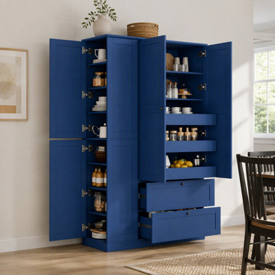 Farmhouse Pantry Cabinet, 73.6" Tall, 8 Shelves, 2 Drawers, 3 Pull-Out Trays, 4 Doors  Side Cabs