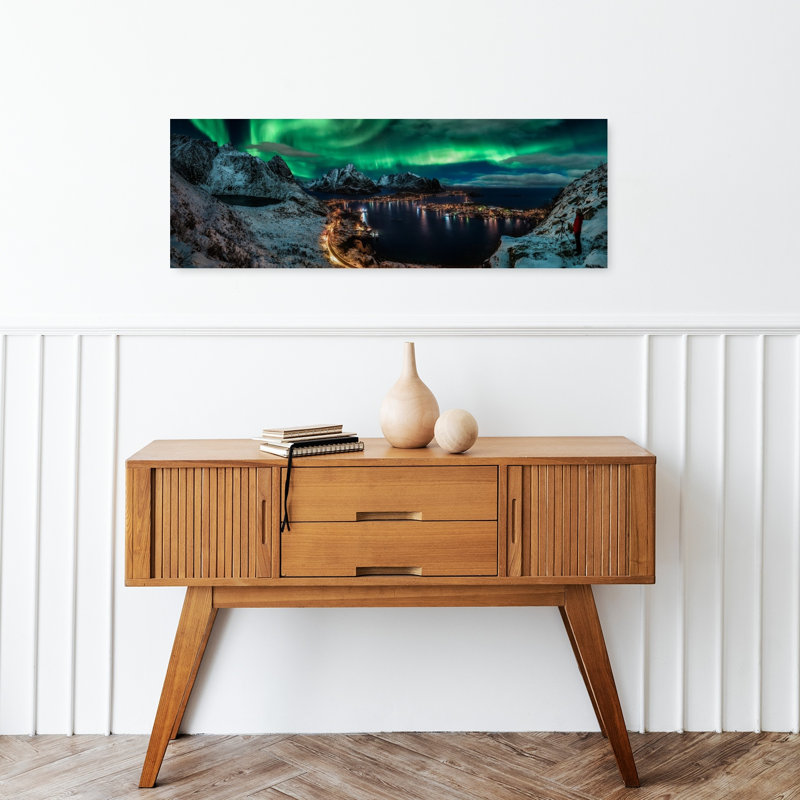 Aurora Over Fjord Town by Javier De La - Wrapped Canvas Panoramic Print, 30.48 cm H x 91.44 cm W