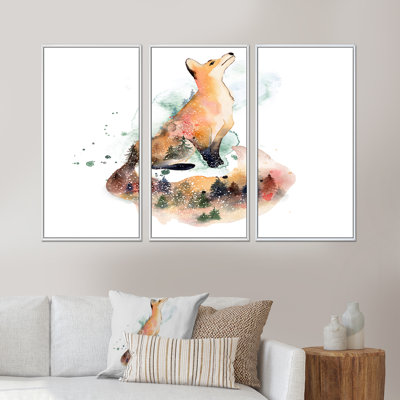 Dessin de renard orange I - ensemble d'art mural sur toile traditionnel encadré de 3