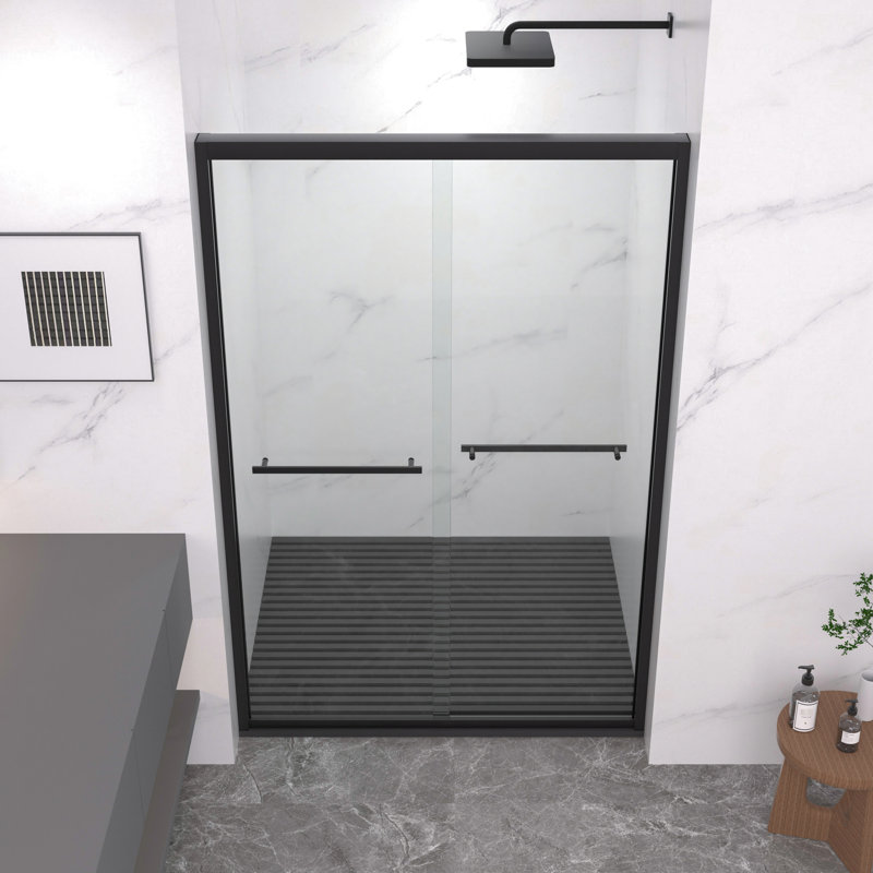 44 - 48" Wide Aluminum Frame Double Sliding Shower Enclosure With Chamfered 8mm Tempered Glass, Corrosion Handle, Handle For Towel And Sliding, Reversible Installation In Bathroom Chamfer Edged Black
