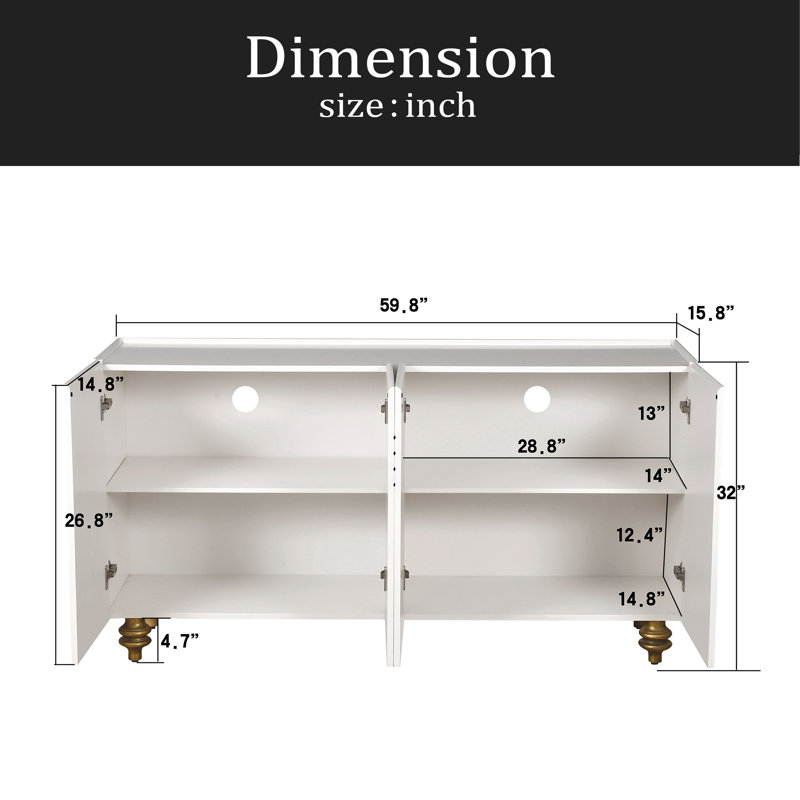Buffet moderne cannelé avec rangement, élément incurvé avec lignes strictes, armoire de rangement à 4 portes avec tablettes réglables pour la cuisine, la salle à manger et le salon