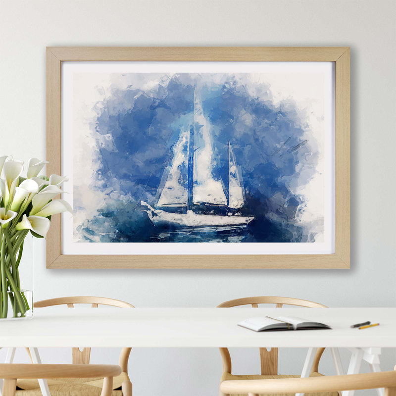 White Sailboat Paint Strokes - Framed Print, 45cm H x 63cm W x 2cm D, Oak