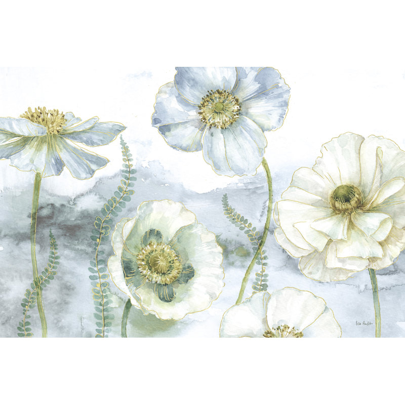 Coquelicots, dorés, dorés, bleus, fougères, sur fond blanc X, H 26 po x l 50 po x P 1,5 po