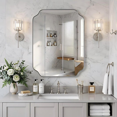 Miroir de salle de bain rectangulaire avec coins festonnés - Cadre en acier inoxydable
