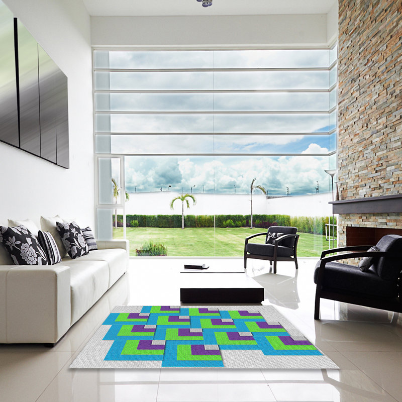 Tapis bleu à motif géométrique Kistler, Carré 5 pi