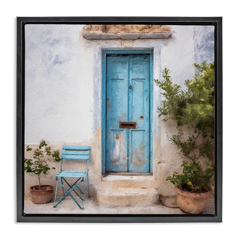 "Blue Town Doorway", art mural encadré par RileyB, Cadre flottant noir de jais, H 18 po x l 18 po