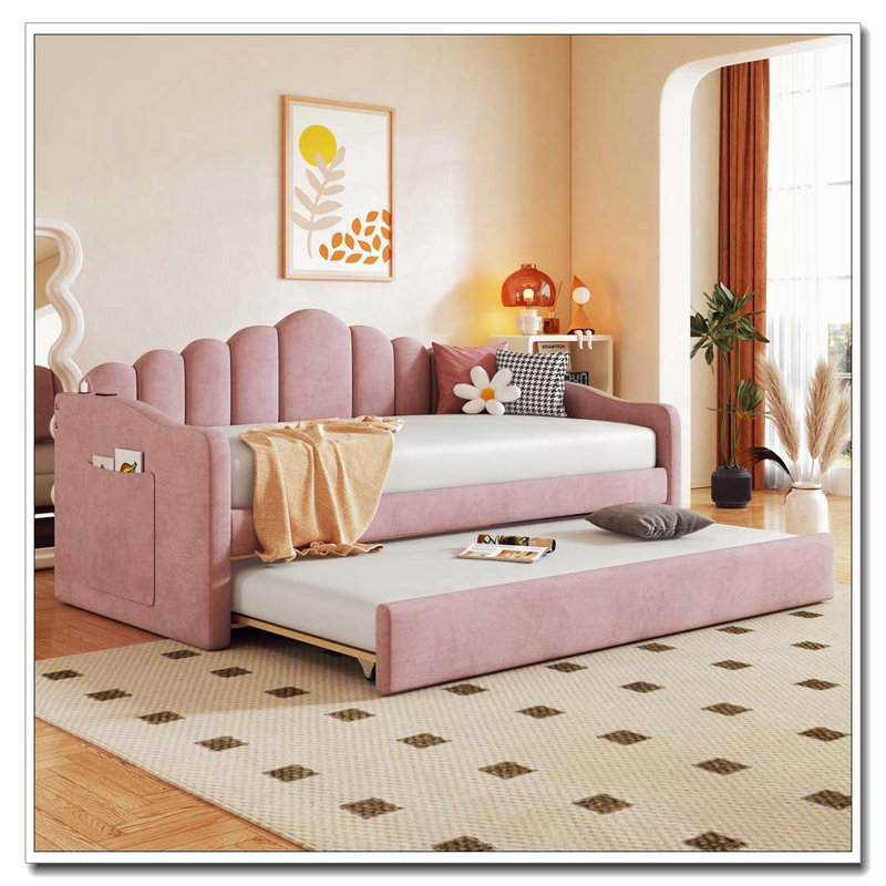 Velvet Upholstered Daybed with Trundle, USB Charging Ports, Pink