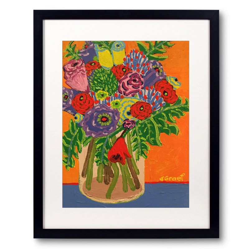 Flowers On Orange Print by Sue Graef, Black Framed Paper, 21.25" H x 17.25" W