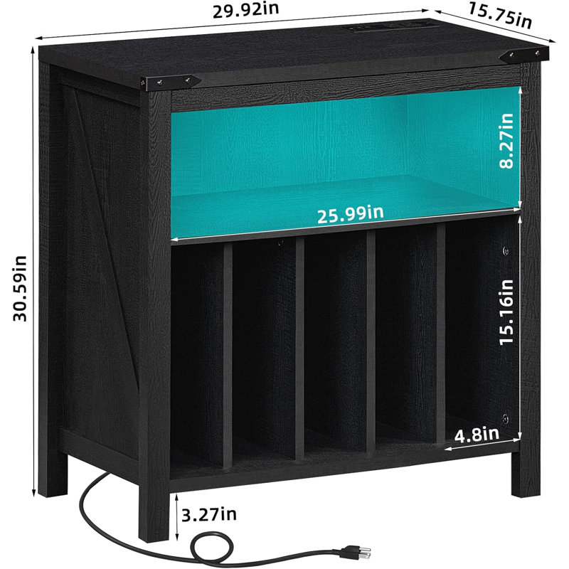 Large Record Player Stand With Charging Station & LED Lights, Black