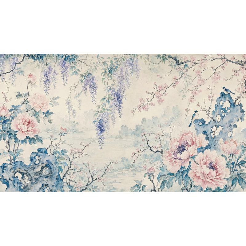 Papier peint chinois amovible à l'aquarelle, 140 po x 108 po, Peler et coller