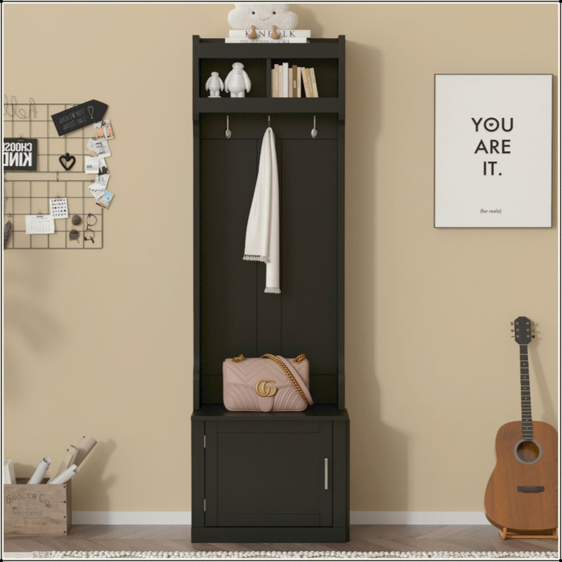 Arbre d'entrée minimaliste avec armoire et 6 crochets suspendus, Noir mat