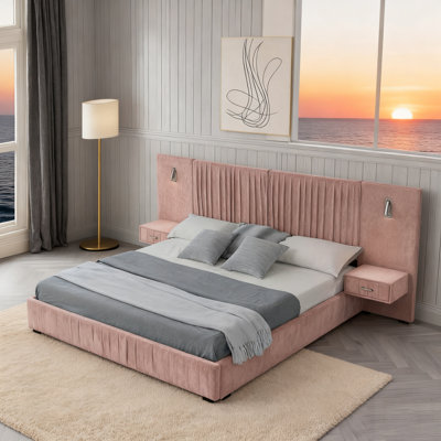 Upholstered Bed Frame With Chenille Fabric, Pleated Design, Headboard, Solid Frame, And Bedside Table, No Box Spring Needed