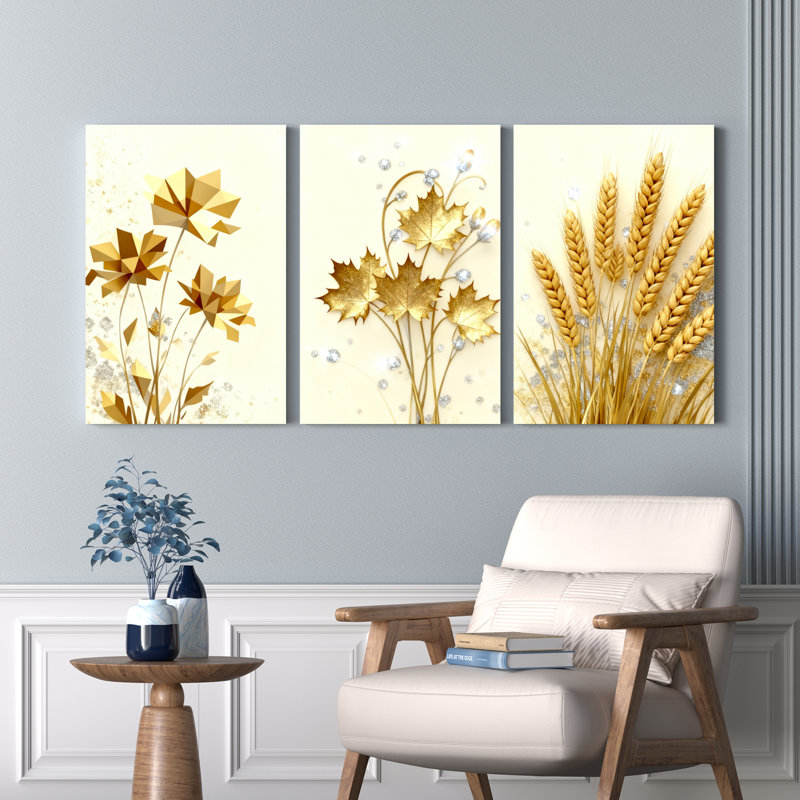 Tableau abstrait sur toile tendue, motif floral doré et blé (paquet de 3), H 18 po x l 36 po