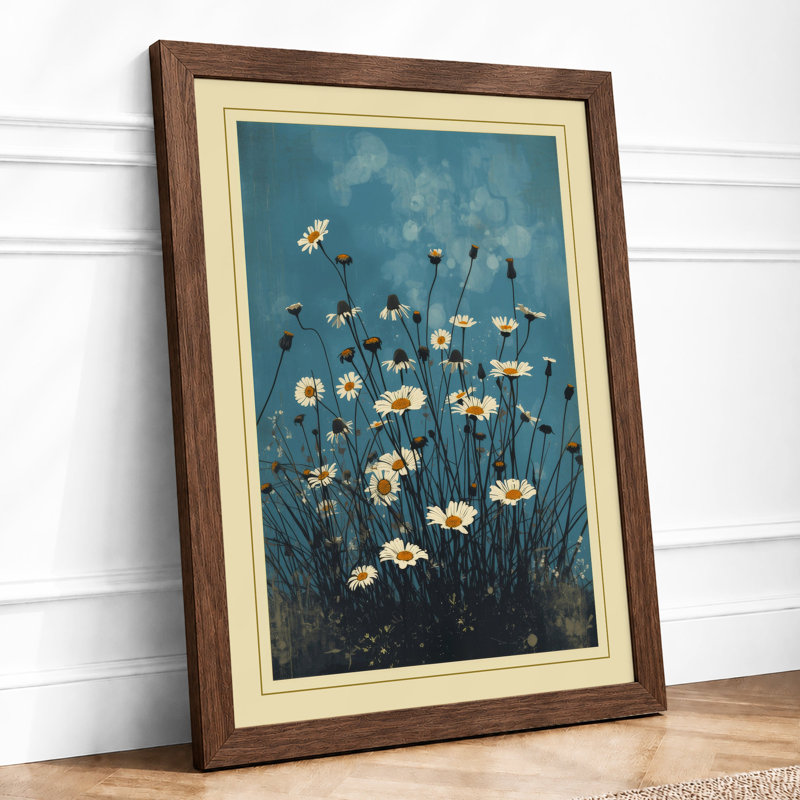 White Daisies Rising Botanical - Framed Print, Walnut, A4 - 29.7 x 21.0 cm