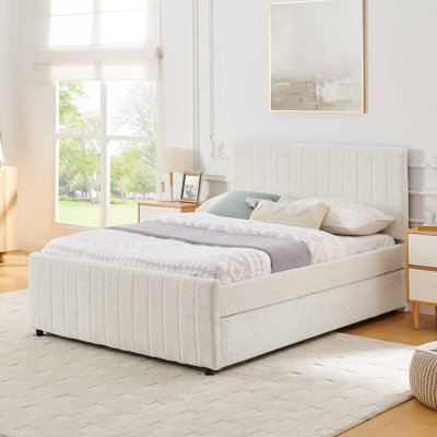 Vertical Striped Space Saving Upholstered Pull-Out Bed With High Padded Back, Hidden Trundle Guest Bed Single To Double For Bedroom & Guest Room, Chenille