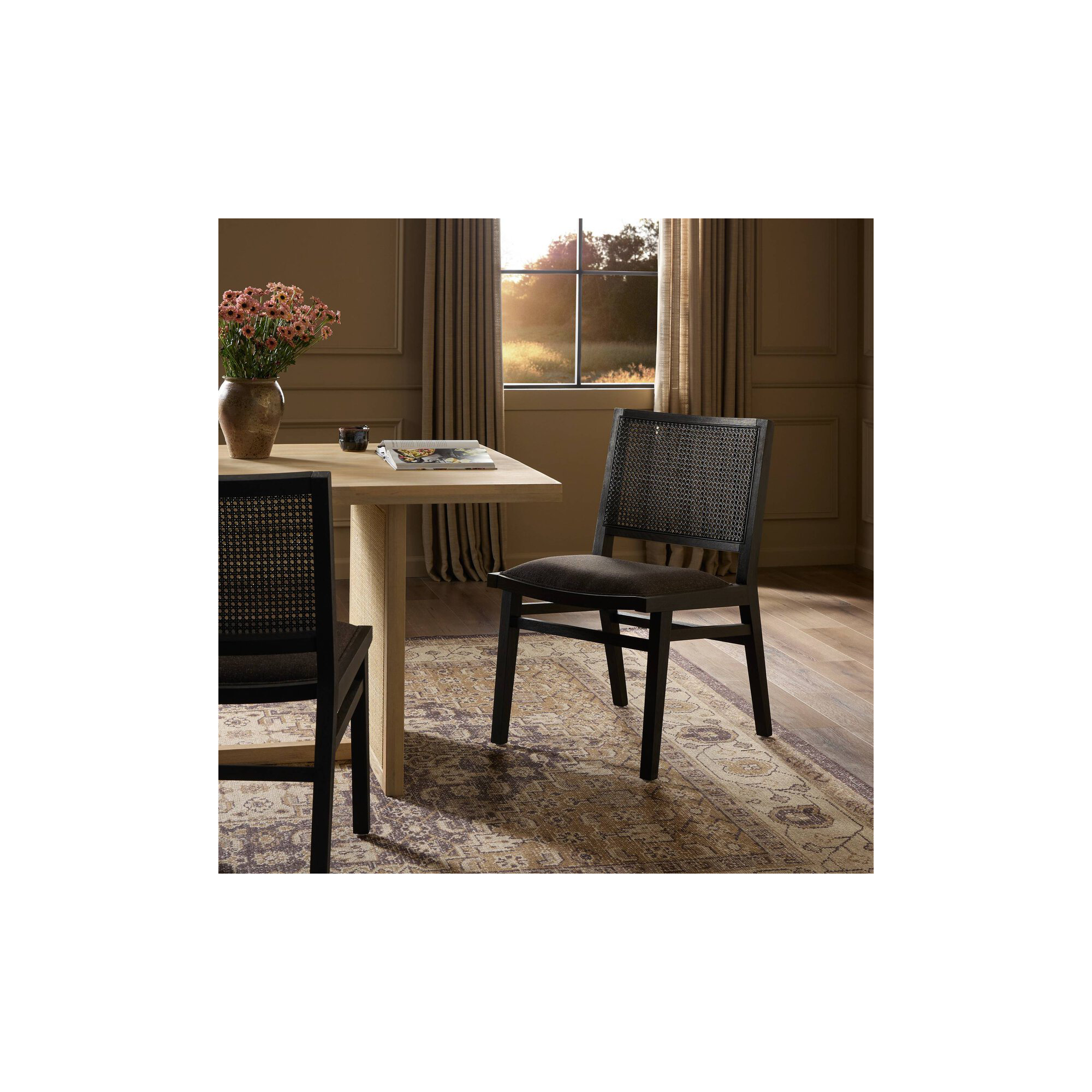 Miraz Cane Back Dining Chair, Brushed Ebony Beech, Black Linen Blend