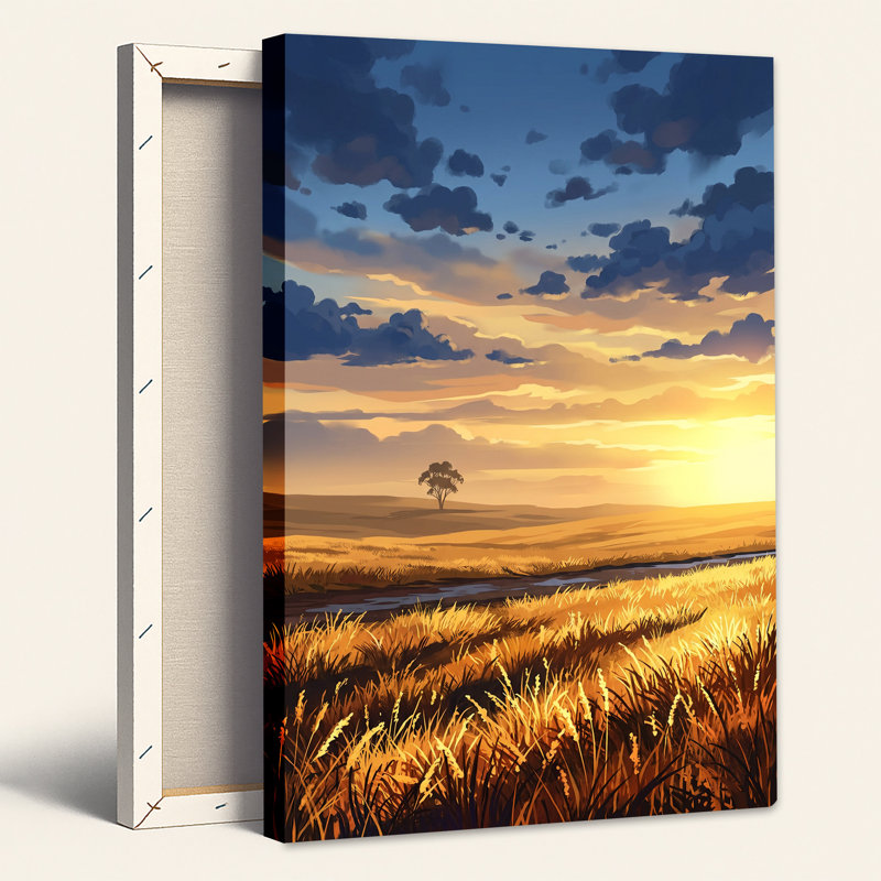 «Golden Grass Field Sunset», art mural sur toile de nuages bleus, 18"H x 12"W