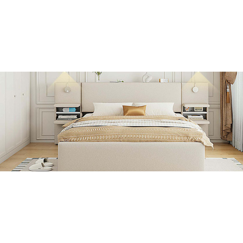 Grand lit plateforme tapissier avec lumières de lecture, tiroirs, gigogne et tablettes, beige, Beige