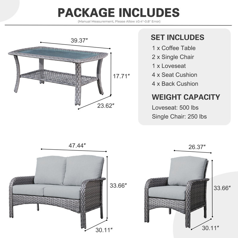 4 Piece Rattan Sofa Seating Group with Cushions, Gray/Dark Gray