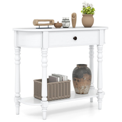 Retro Console Table 36''L Wooden Entryway Table w/ Storage Drawer & Open Shelf White