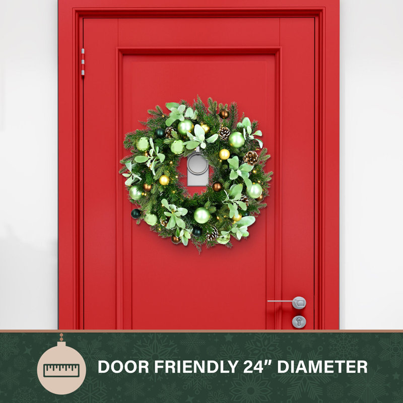 24-Inch Green and Brown Artificial Christmas Wreath with Pinecones and LED Lights