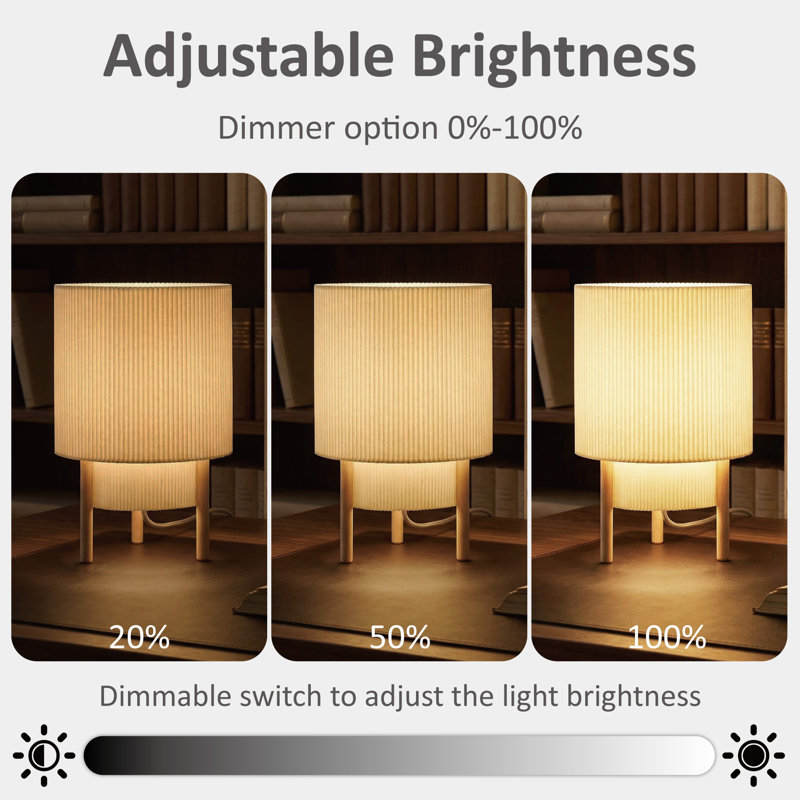 10'' Dimmable 2-tier Beige Pleated Fabric Shade Table with Natural Rubber Wood Base and E12 Lamp Holder, cULus Certified for Bedroom Nightstands, Living Room Side Tables, Home Offices or Entryways