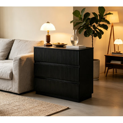 Commode à 3 tiroirs cannelée noire, commode à nervures verticale moderne, armoire de rangement en bois pour le salon de la chambre à coucher