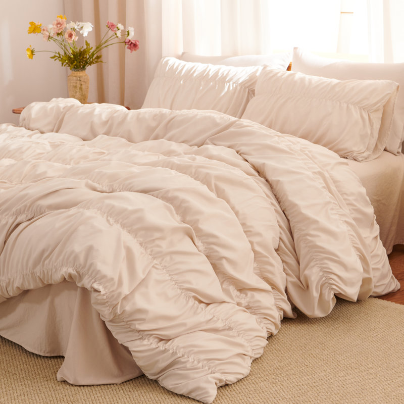 Nayoroom 3 Pieces Ruched Duvet Cover Set Bed Set Boho Shabby Chic Bedding Set For Bedroom Soft Fluffy Ruffle Comforter Cover Set With Pillowcases