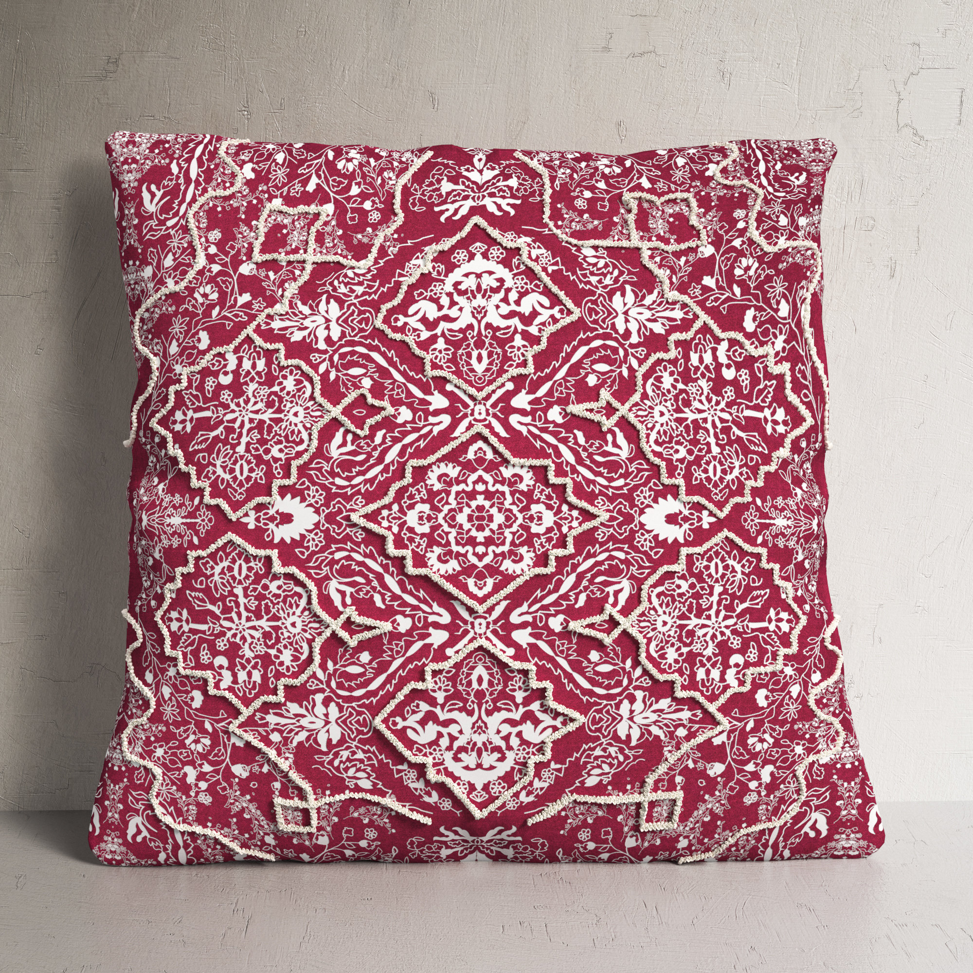 Caitlyn Embroidered Linen Throw Pillow, Red/Neutral, 18" H x 18" W x 0.2" D, No Fill