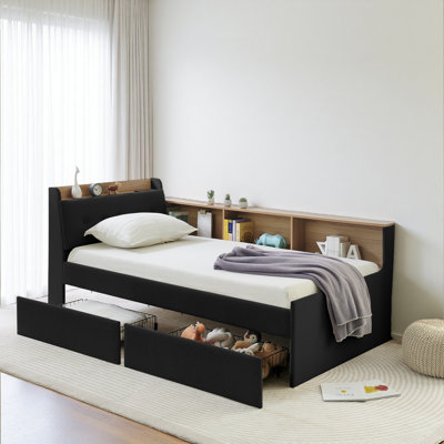 Twin Size Upholstery Velvet Day Bed With Storage Headboard And Wireless Charging