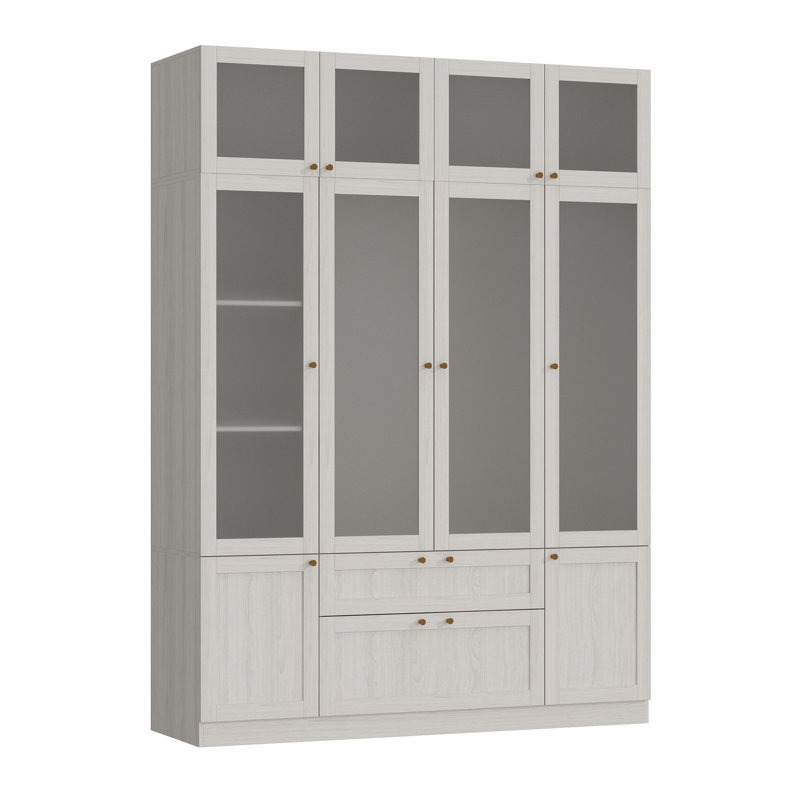 Élégante garde-robe à 4 portes avec panneaux de verre givré, poignées en laiton et grand espace de rangement - tablettes réglables et grands tiroirs pour une organisation moderne
