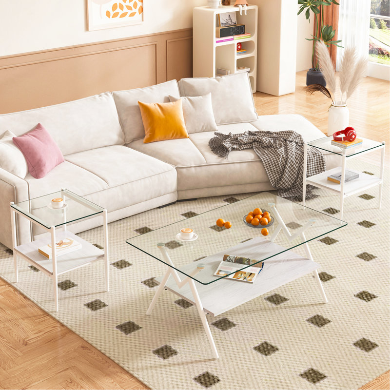 Ensemble de 3 tables basses et tables de bout, Clair, Blanc