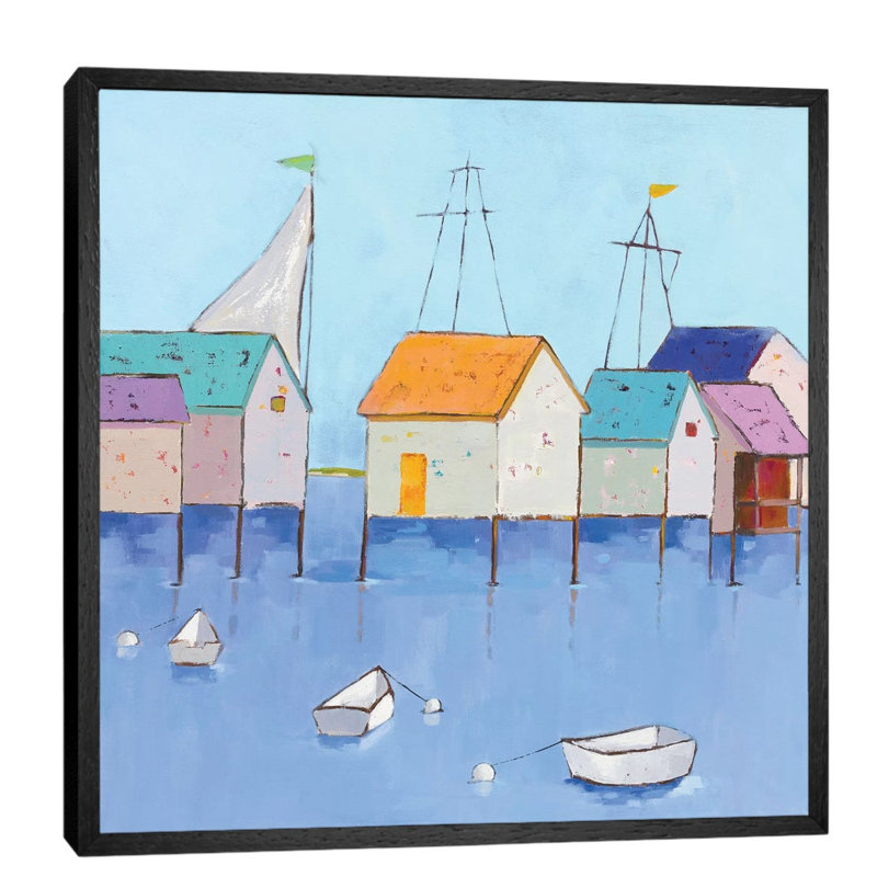 Boat House Row by Phyllis Adams - Painting on Canvas, Black Floater Framed, 66.04 cm H x 66.04 cm W