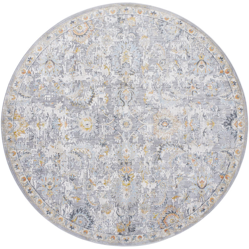 Tapis oriental gris en polypropylène tissé à la machine, Rond 7 pi 10 po